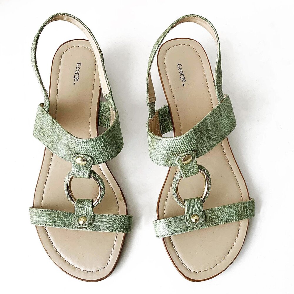 George Green Croc Embossed Vegan Leather Wedge Sandals Size 7